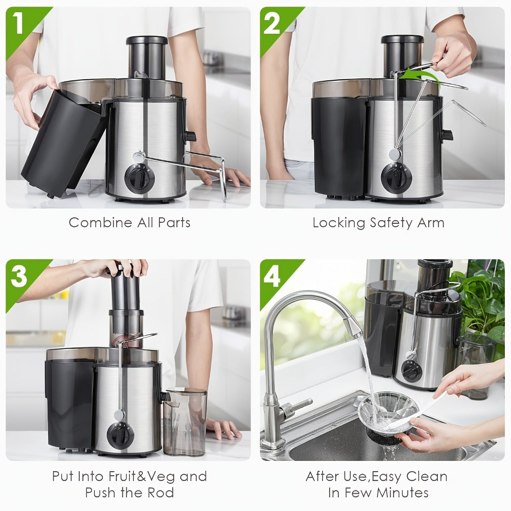 Juicer Machine Wide Mouth Juice Extractor Blender Food Processor 3-Speed Settings Easy Clean One-Touch Operation Multi-function with Detachable Parts for Vegetables Fruits