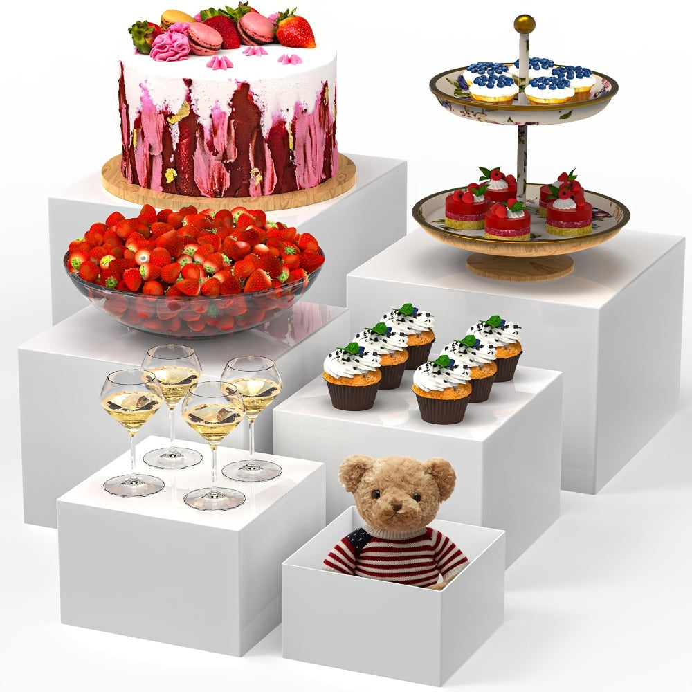Buffet Risers Display Stand 6pcs - White Acrylic Food Risers for Buffet Table Party Catering Wedding Dessert Display Jewelry Collectibles Nesting Boxes Shelf Organizer