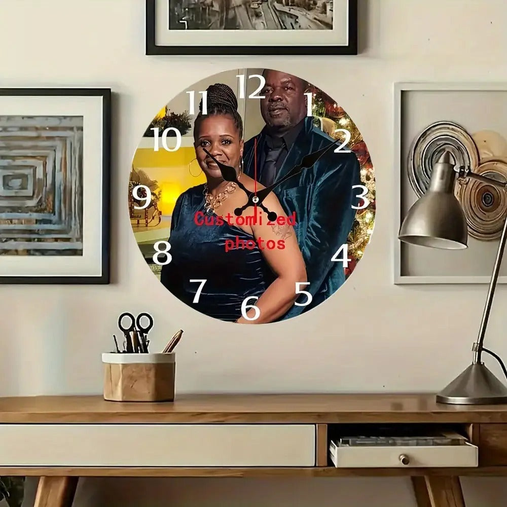 Personalized Custom Photo Wall Clock - Round Wood Silent Clock with Custom Text & Family Name, Self-Assembly, Battery Operated, Unique Mother's Day Gift for Parents, Home Room Decor, 10in 12in