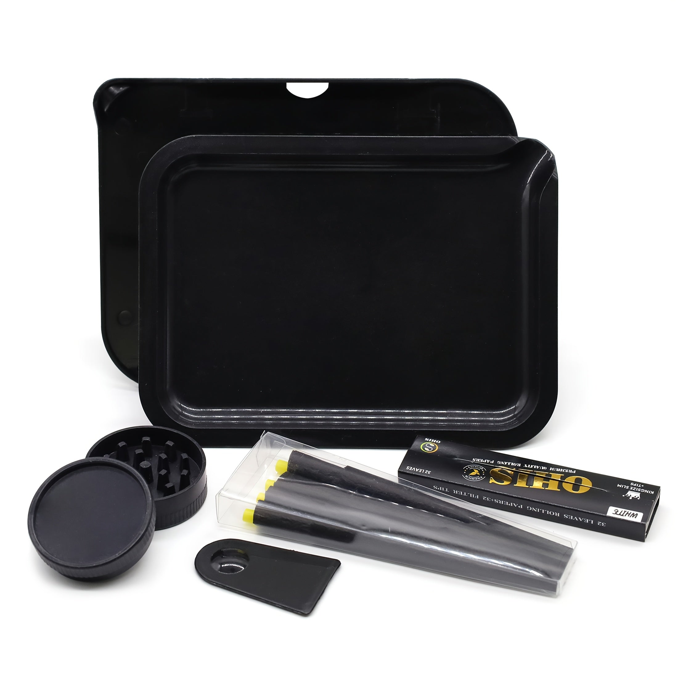 Smoking Set with Double-Layer Grinder, Rolling Paper, 8 Pre-Rolled Cones & Rolling Tray - Complete Starter Kit | 3 Colors | Gift Set