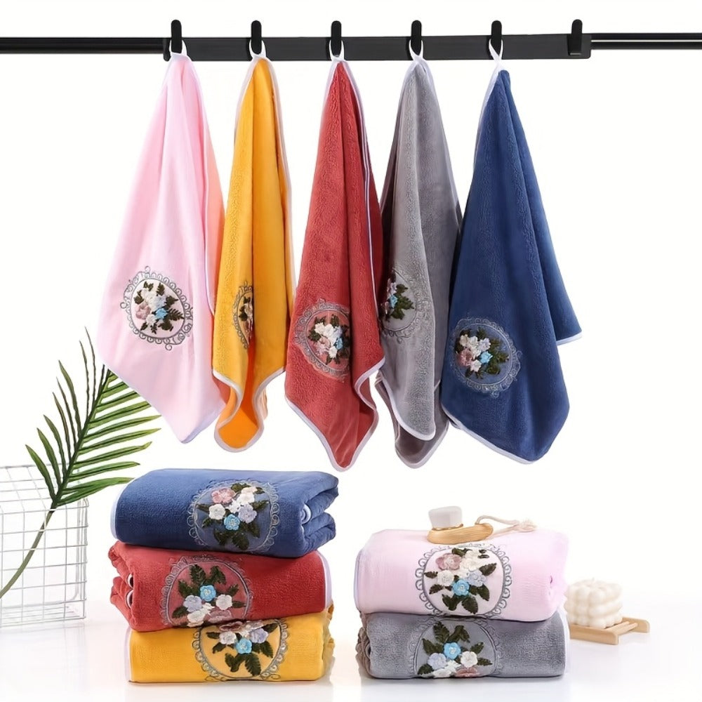 Embroidered Flower Towel Set 3-Piece Soft Absorbent Skin-Friendly Bath Towel and Face Towels for Bathroom Home Bathing Beach