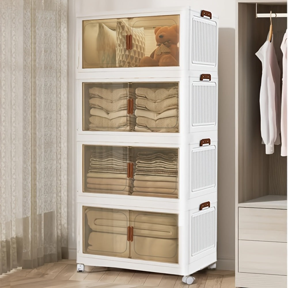 Stackable Storage Cabinet with Doors and Wheels | Collapsible Plastic Locker 1-5 Layers Large Capacity Home Organization for Bedroom Living Room Kitchen Easy Assembly Space Saving