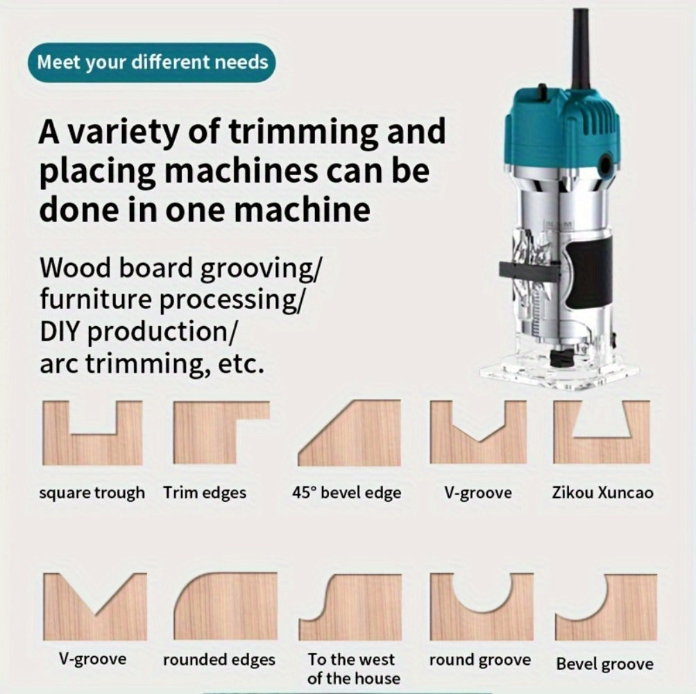 Wood Router Carving Machine Electric Trimmer ¨C Wood Slotting, Drilling & Engraving Tool with Optional 15pc Milling Cutter Set, for Woodworking, Furniture Making & DIY Crafts