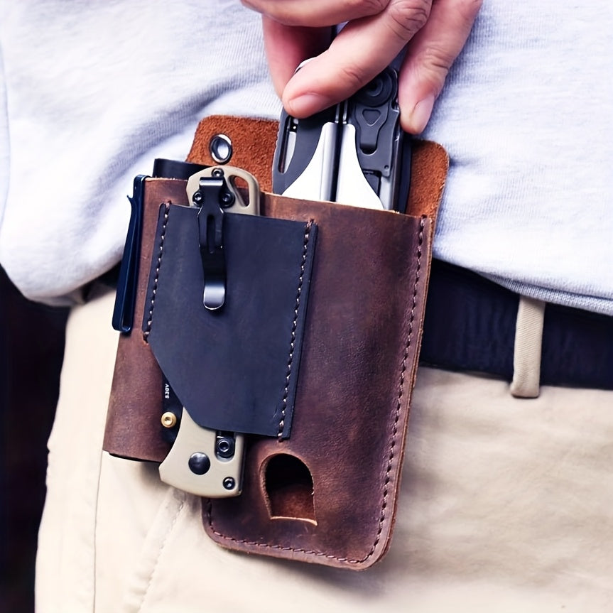 Multitool Belt Holster with Belt Clip & Loop, EDC Everyday Carry Organizer Sheath for Multi-Tools, Flashlight & Pen Holder, 4x5.5x1 Inch, Fits Leatherman Gerber & Most Multitools, Black & Brown
