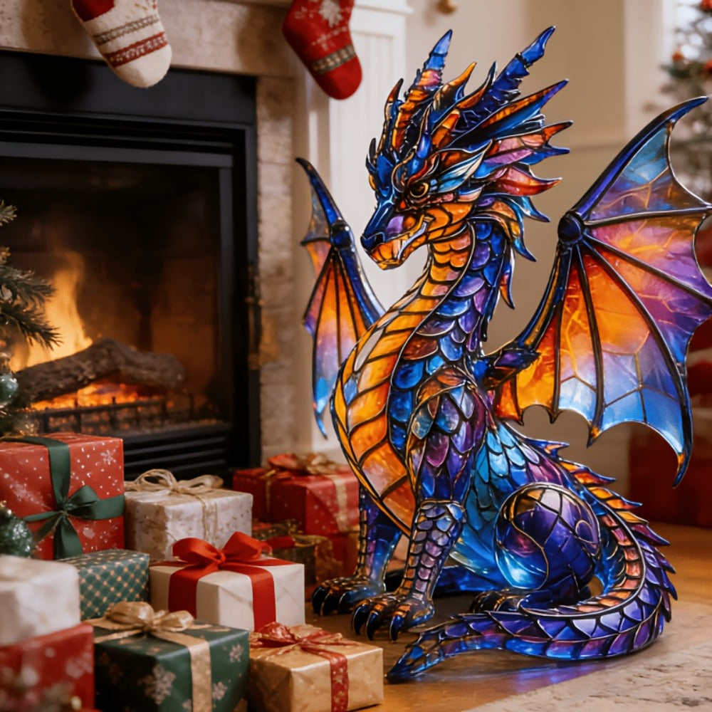 Dragon Sculpture with Light - Faux Stained Glass Resin Statue, Bohemian Accent Lamp, Fantasy Home Decor Figurine, Gothic Dragon Art, Unique Shelf Decor & Collector Gift