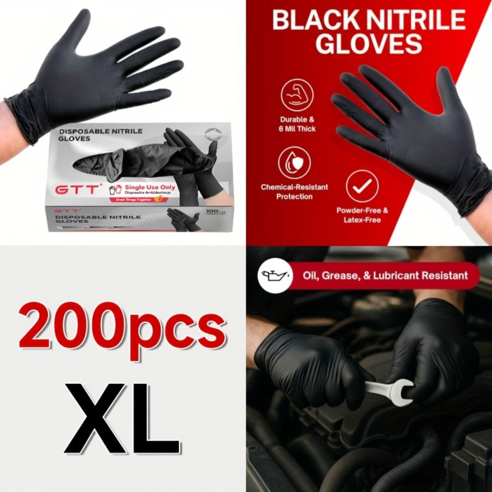 Nitrile Disposable Gloves 200 Count, Black Latex-Free Powder-Free Exam Gloves, Touchscreen Compatible, Chemical Resistant, Flexible Form-Fitting for Kitchen Automotive Industrial Medical Use, S M L XL