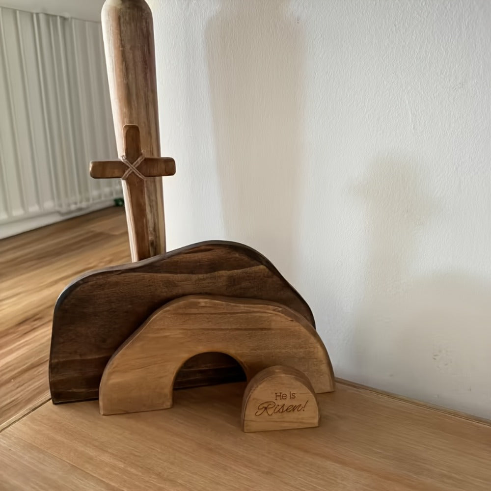 Easter Cross Decoration Wood He Is Risen Wooden Tomb Easter Resurrection Scene for Tray, Tabletop & Shelf ¨C Religious Nativity Decor for Home & Office
