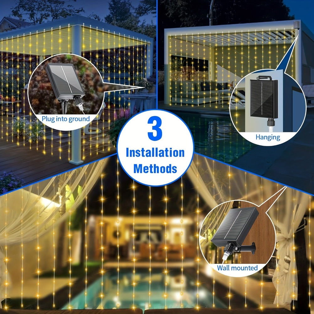 Solar Curtain Lights Outdoor 300 LED Waterfall Fairy String Lights with 8 Modes Remote Control USB Rechargeable Dimmable Timer for Christmas Gazebo Party Wedding Window Decor