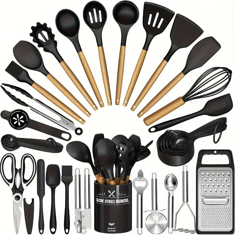 Silicone Kitchen Utensils Set 45pcs ¨C Cooking Utensils for Nonstick Cookware, Stainless Steel Handle Spatulas, Heat Resistant Kitchen Gadgets & Tools, Pots and Pans Accessories, Black