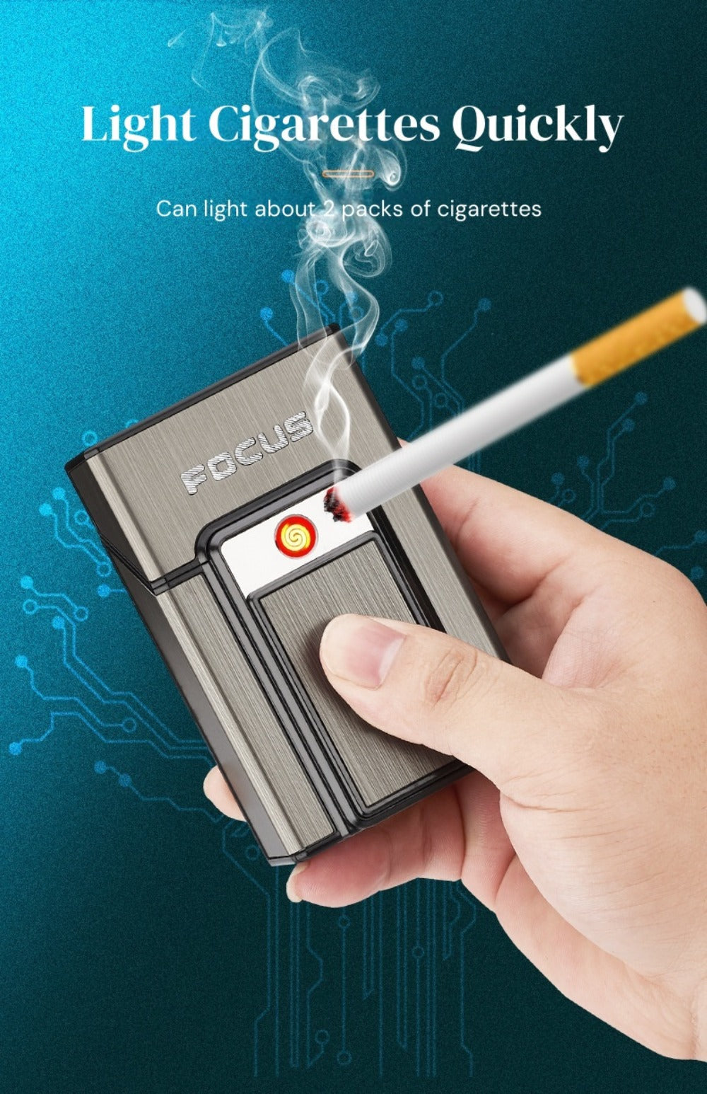 Cigarette Case with Built-in USB Rechargeable Lighter, Tungsten Filament Windproof Electric Igniter, One-Button Pop-Up, Holds 20 Cigarettes, Compatible with Soft & Hard Packs ¨C Travel Cigarette Holder