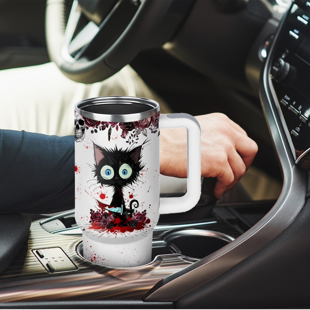 Halloween Horror Cat 40oz Insulated Tumbler with Lid and Straw ¨C Stainless Steel Large Capacity Coffee Cup with Handle | Spooky Cat Mug for Halloween Gifts Office Home