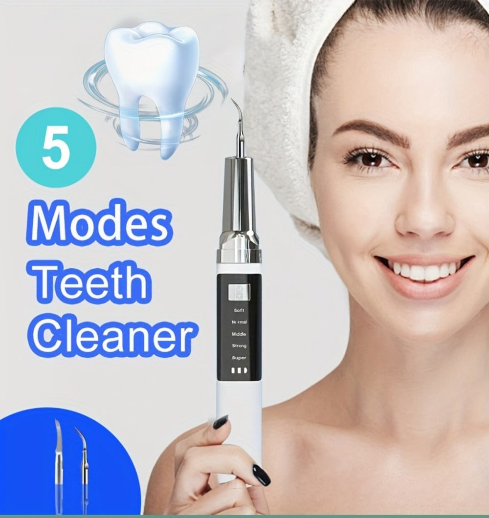 Electric Teeth Cleaner Kit with 2 LED Lights & Mirror ¨C 5 Adjustable Modes, 2 Replaceable Heads, Type-C Rechargeable Dental Plaque Remover & Tartar Scraper for Home Teeth Cleaning