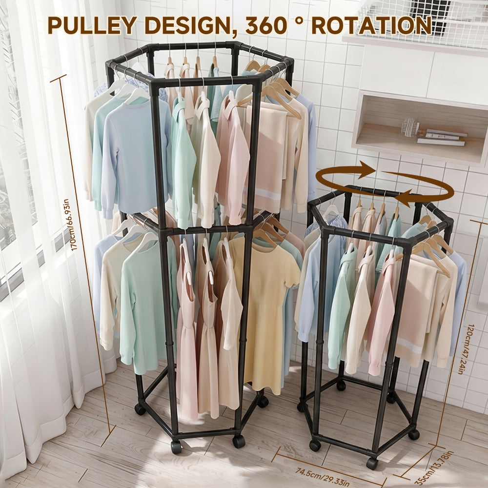 Rolling Hexagon Clothes Drying Rack 1 or 2 Layer ¨C Sturdy Metal Floor Stand with Wheels, Multi-Bar & 10 Clips, Portable Laundry Rack for Bedroom, Balcony & Dorm