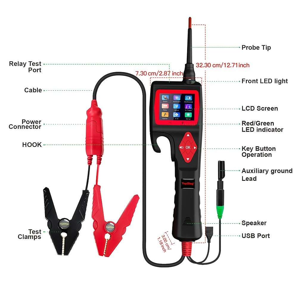 Automotive Circuit Tester Topdiag P200 Pro 9-30V Oscilloscope Multimeter Relay Fuel Injector Test 0-5V Power Supply Component Activation 20ft Cable Smart Voltage Resistance Diagnostic Tool