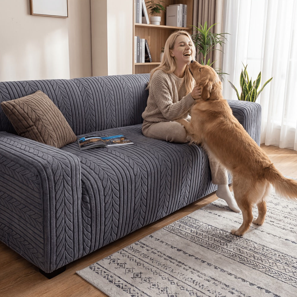 Couch Cover Full Coverage Elastic Velvet Jacquard Sofa Slipcover with Pillowcase - Non-Slip Thick Soft Pet Friendly Machine Washable Fits 1 2 3 4 Seater Living Room Bedroom
