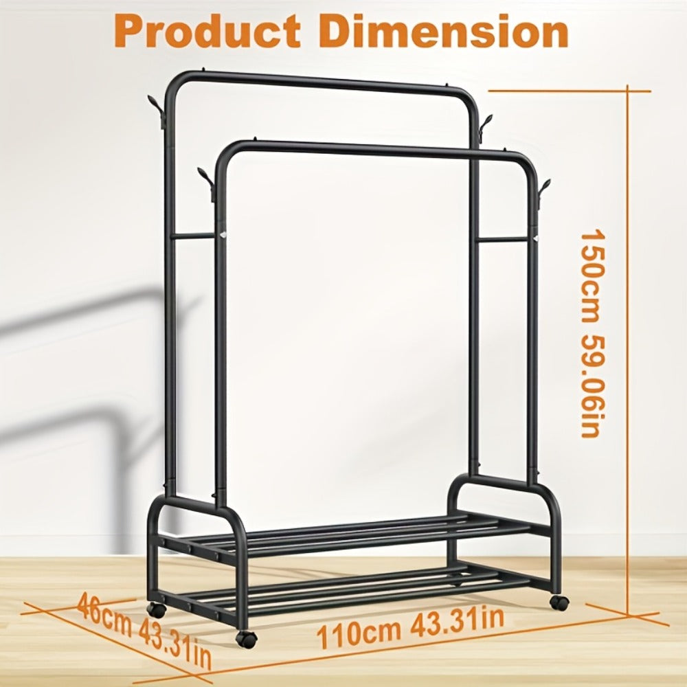 Heavy Duty Metal Clothing Rack Double Rod with Wheels Shelves and Hooks Freestanding Garment Rack 300LB Capacity Closet Organizer for Bedroom Laundry Room