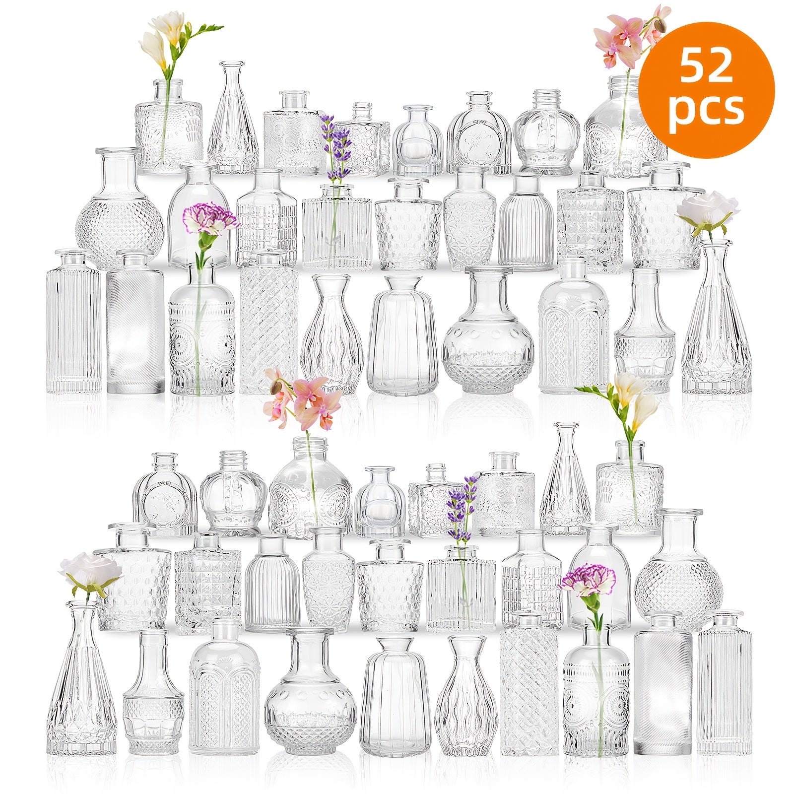 Mini Clear Bud Vases Bulk Set 12/30/43/52pcs ¨C Small Glass-Look Flower Vases for Wedding Centerpieces, Birthday Party, Anniversary, Home Table Decor, Multiple Sizes