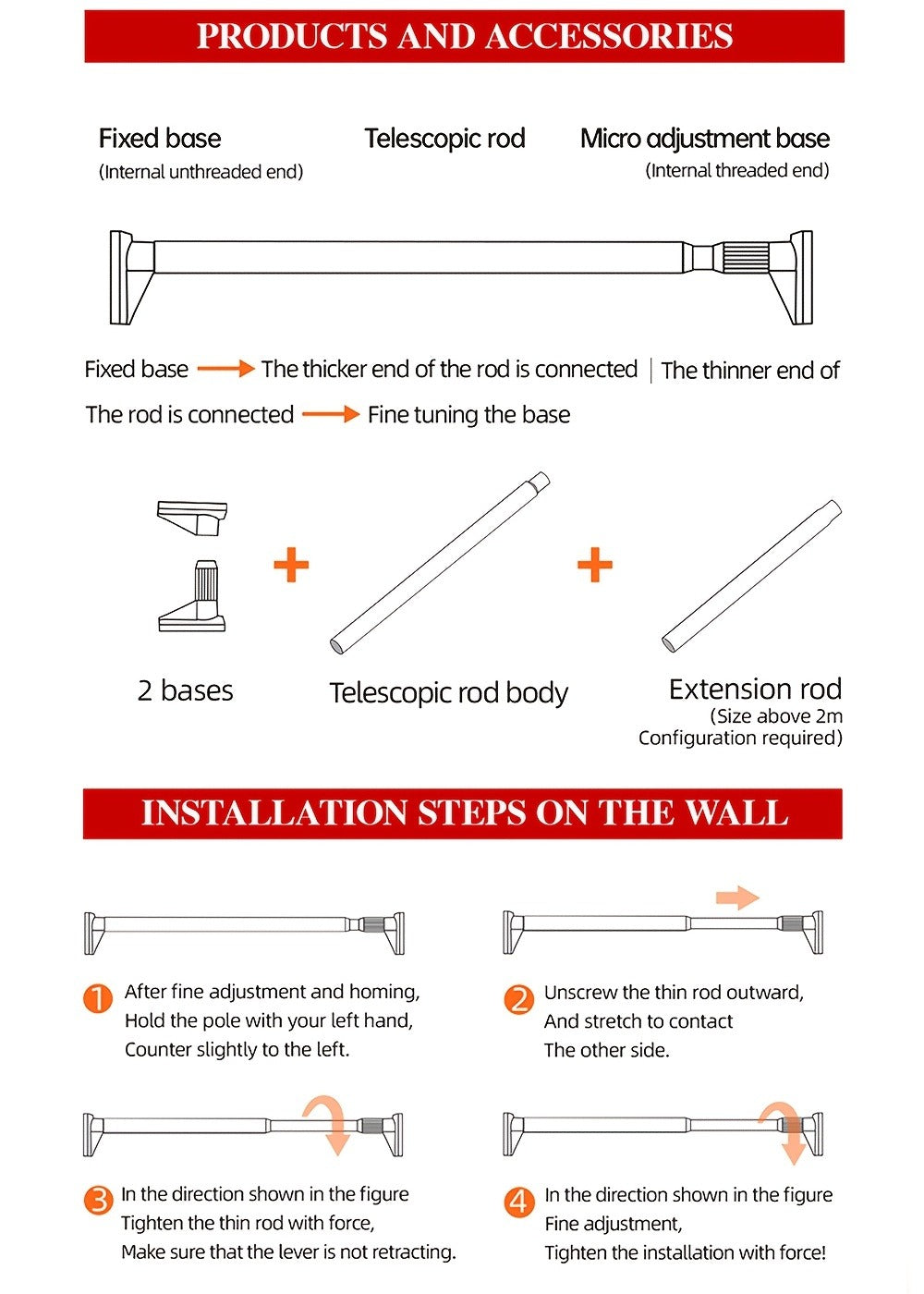 Telescopic Curtain Rod No Drill 15.75¡±-196.85¡± Adjustable Shower Curtain Rod 33mm for Large Windows