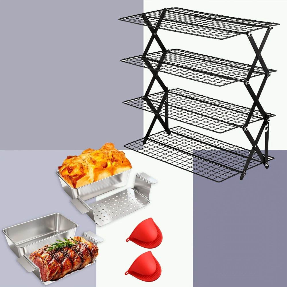 4-Tier Collapsible Cooling Rack Set with Muffin Cups - Metal Wire Baking Rack for Cookies Cakes Bread Roasting BBQ Countertop Kitchen Drying Rack