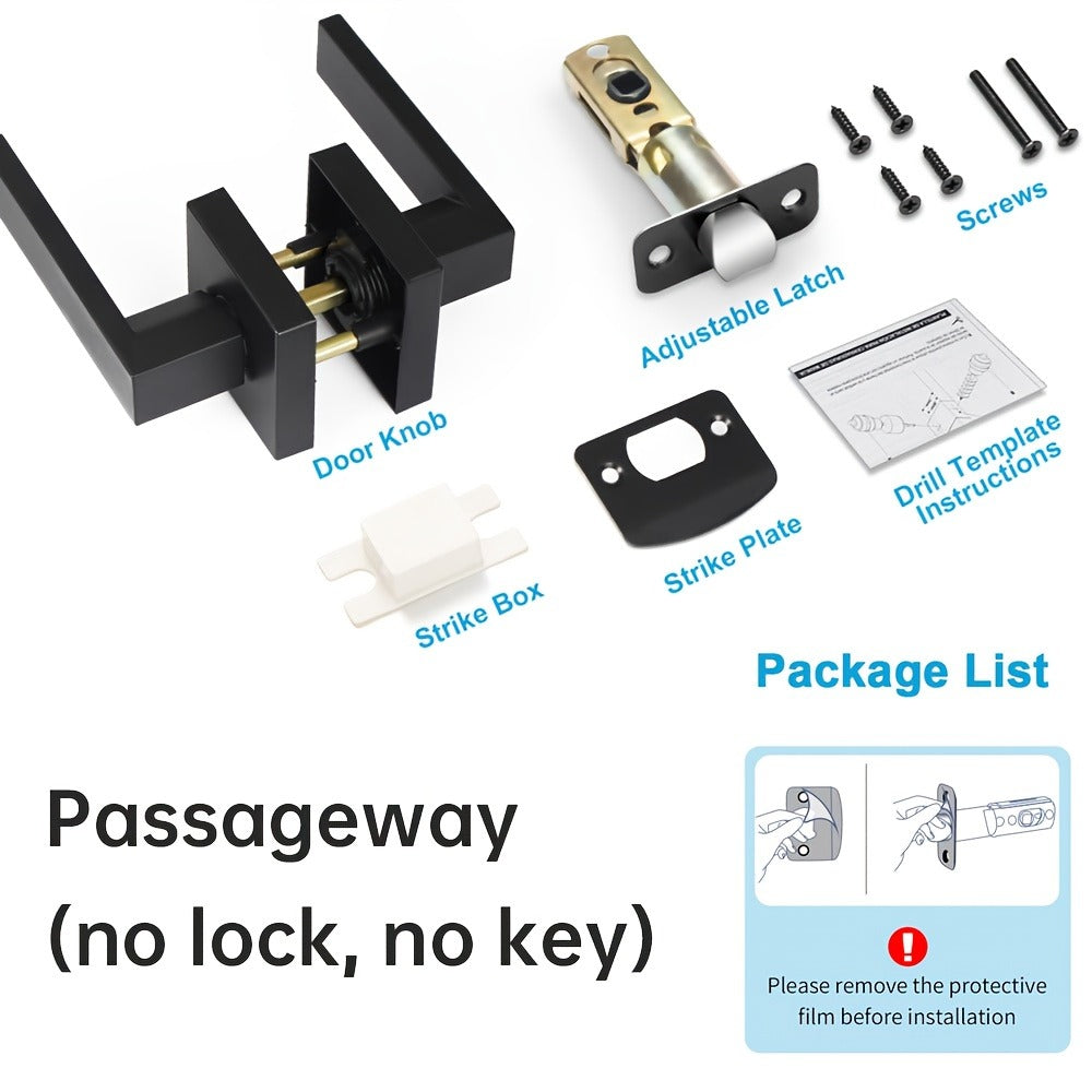 Matte Black Square Door Handle Set ¨C Interior Passage Door Knob for Hall & Closet, Heavy-Duty Left & Right Hand Compatible, Modern Hardware