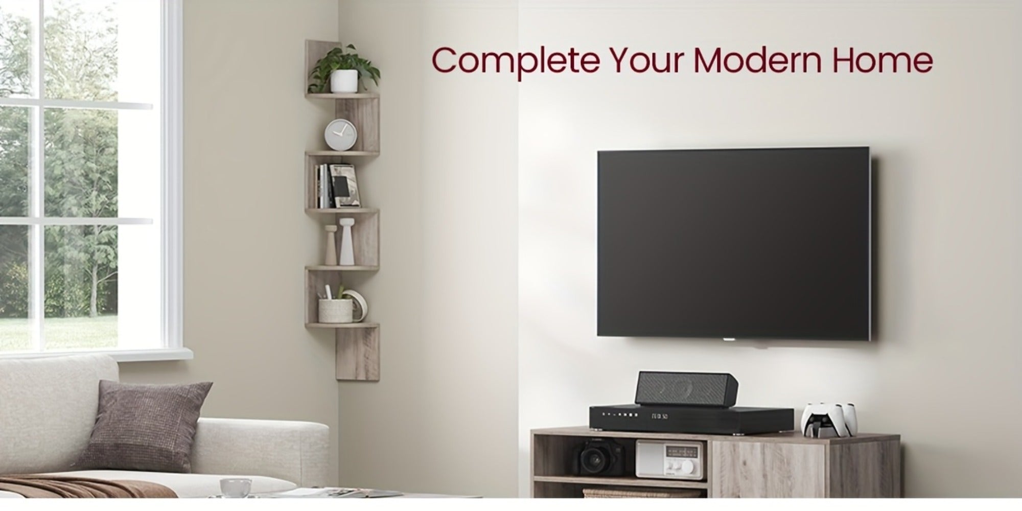 Corner Floating Shelf 5-Tier Wall Mount, Space Saving Storage Rack for Bedroom Living Room, Radial Display Organizer, Easy Install, 7.9¡±¡Á7.9¡±¡Á49.6¡±, Black White Brown Greige Beige