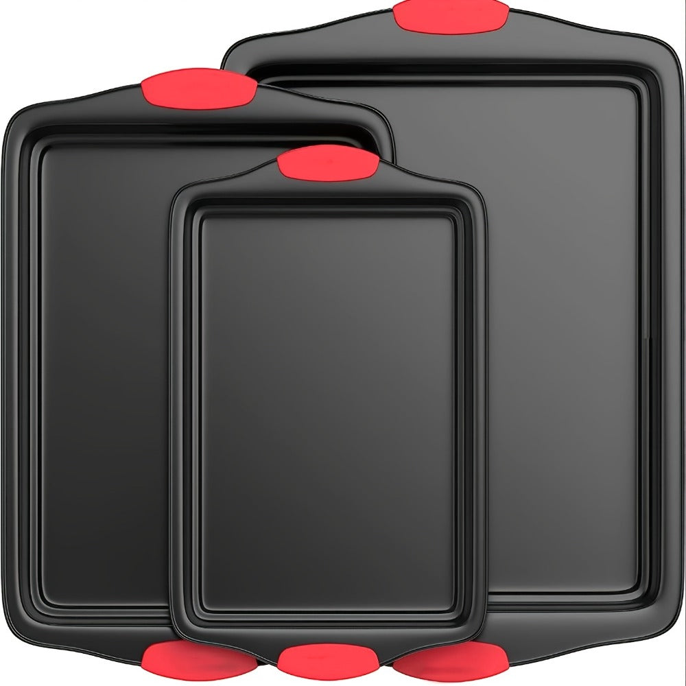 Carbon Steel Nonstick Baking Pan Set 3 or 9pcs Commercial Grade Restaurant Quality Nonstick Inside and Outside Oven Baking Pan with Red Silicone Handle Gray