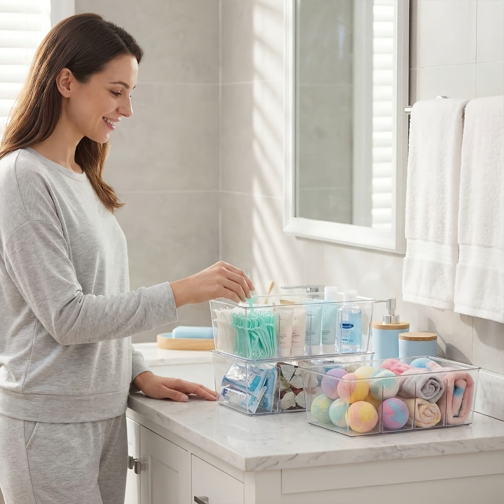 Pantry Organizer Bins 8 Pack Clear Plastic Food Storage Bins with Removable Dividers 4 Compartments for Kitchen Cabinet, Fridge & Countertop ¨C Snack, Spice & Packet Organizer
