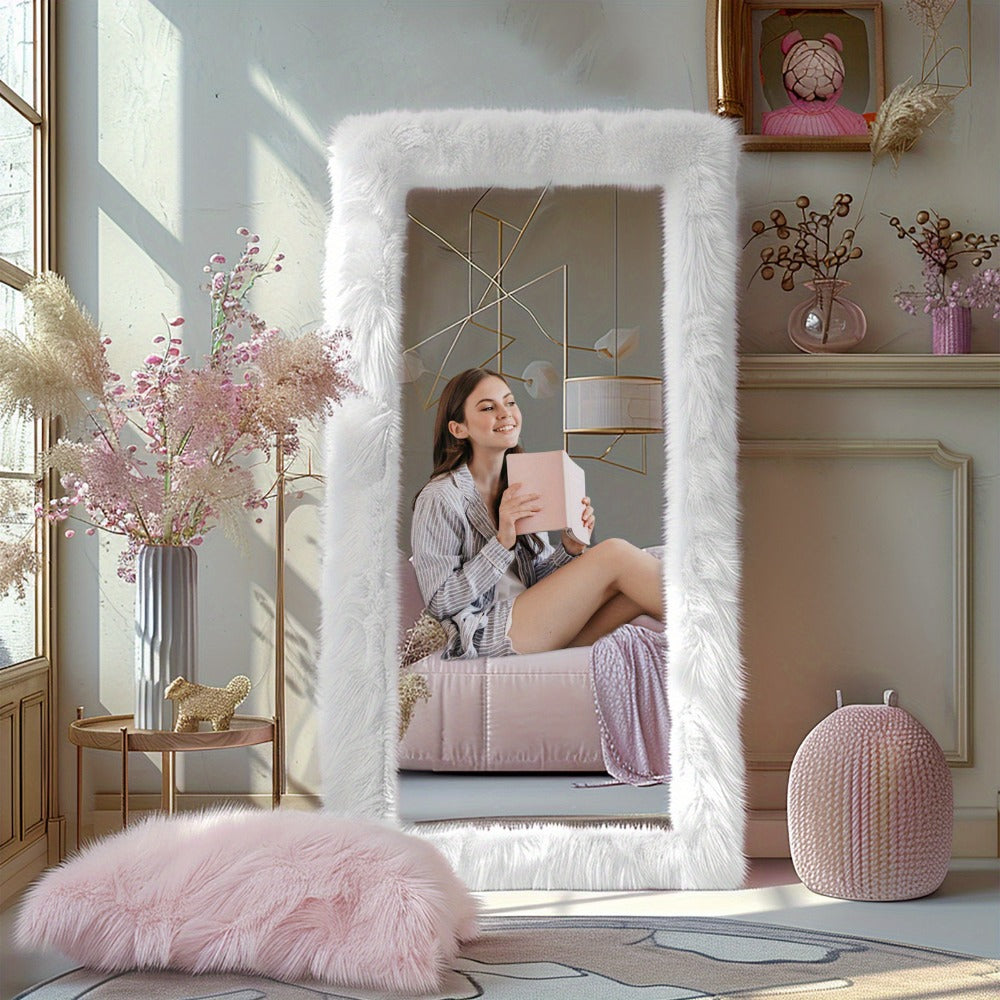 Full Length Mirror with Faux Fur Frame 24x63 Inch Leaning Floor Mirror for Bedroom Living Room Hallway Vanity Dressing Mirror Pink Gray White