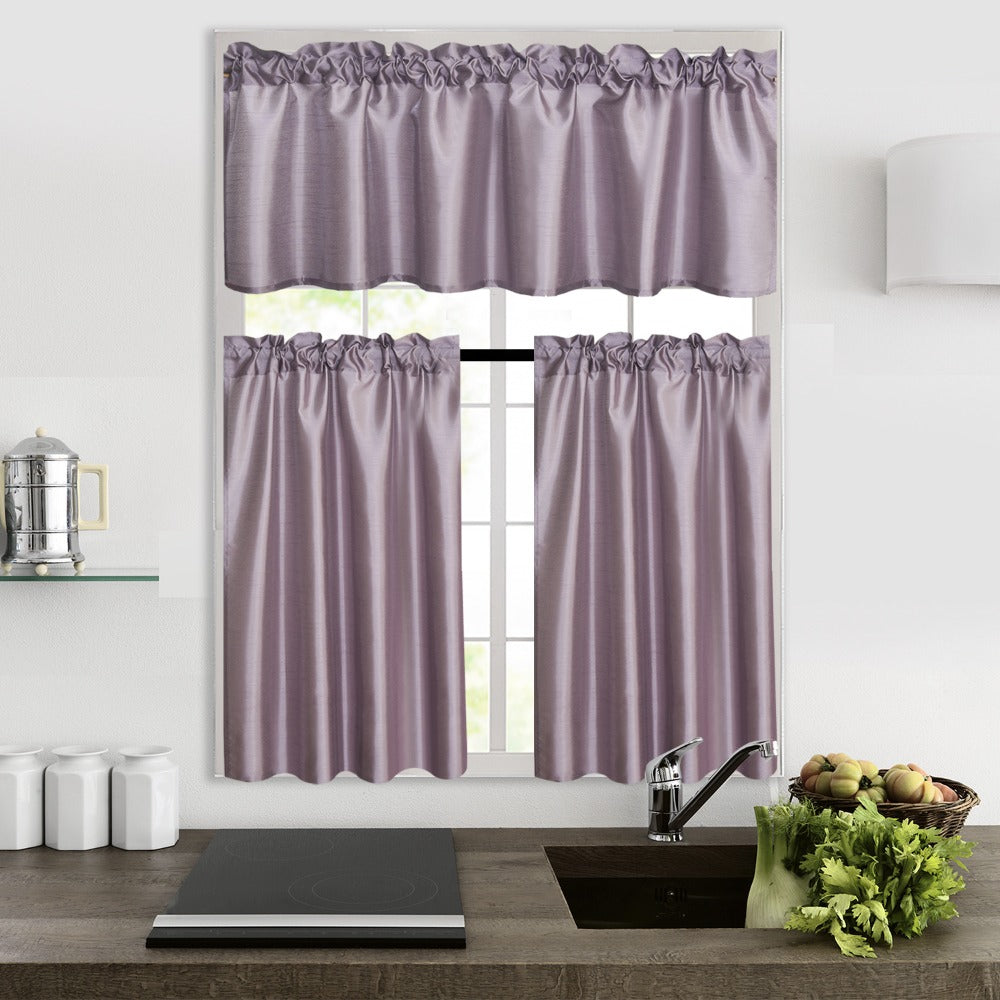 Kitchen Curtains 3 Panels Faux Silk Sheer Tier and Valance Set Rod Pocket 2 Tiers 26x36 inch + Valance 52x14 inch for Kitchen Bathroom Window Drapes