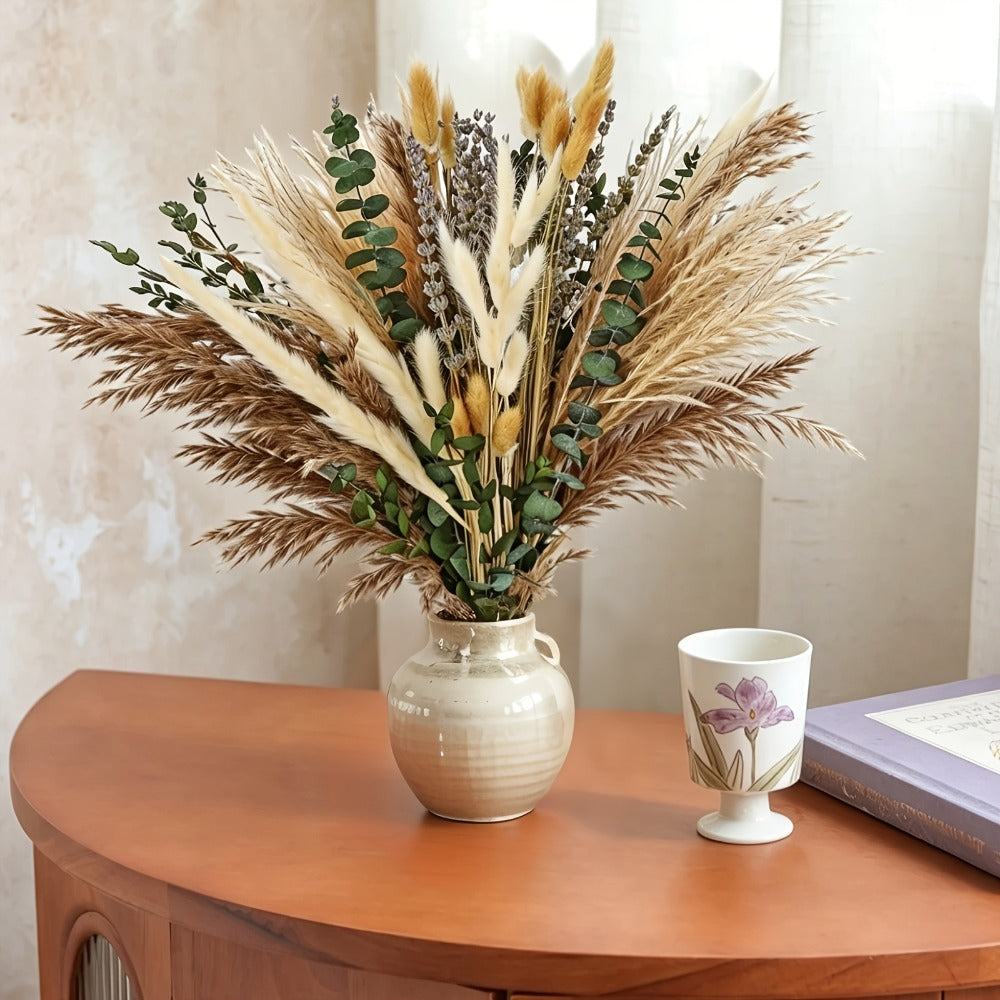 Boho Pampas Grass Dried Flower Arrangement ¨C Lavender Eucalyptus Bouquet with Gemstone Accents for Home Decor, Rustic Wedding Centerpiece & Bohemian Bedroom Vase Filler