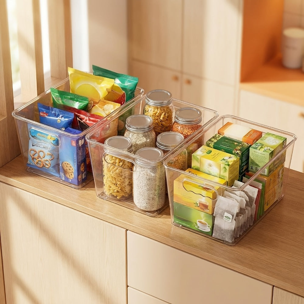 Clear Stackable Storage Bins with Lids 6 Pack - Medium Plastic Organizer Containers with Handles for Pantry Kitchen Fridge Cabinet Closet and Bathroom, Food Safe Transparent Bins for Snacks Drinks Canned Goods and Household Supplies, 10x6x5 Inch