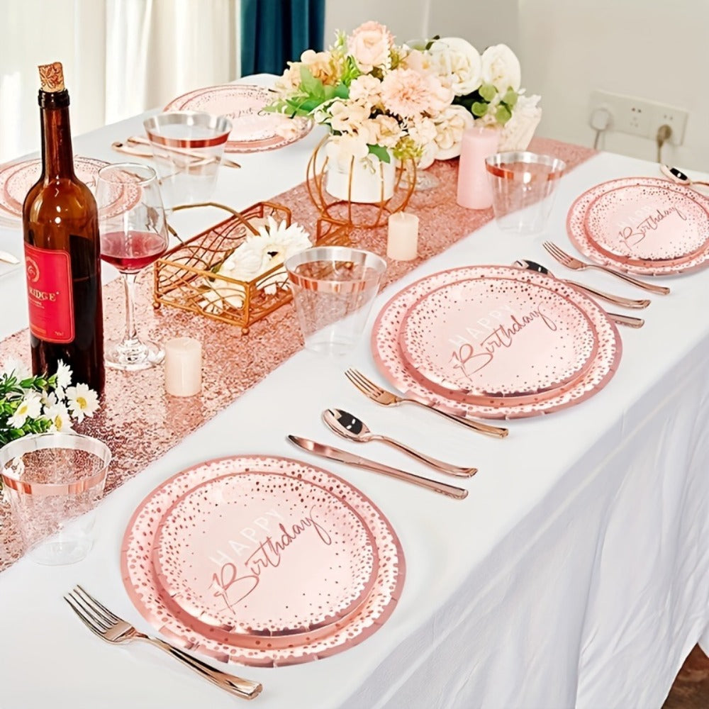 Birthday Party Plates and Napkins Set 175pcs Pink Rose Gold Disposable Tableware Forks Knives Spoons Serves 25 Guests Girl Birthday Party Supplies
