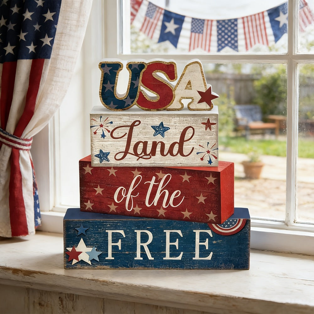 4th of July Tabletop Decorations Sign, Red White Blue Patriotic Tiered Tray Decor for Home Office Shelf, 250th Anniversary Gift