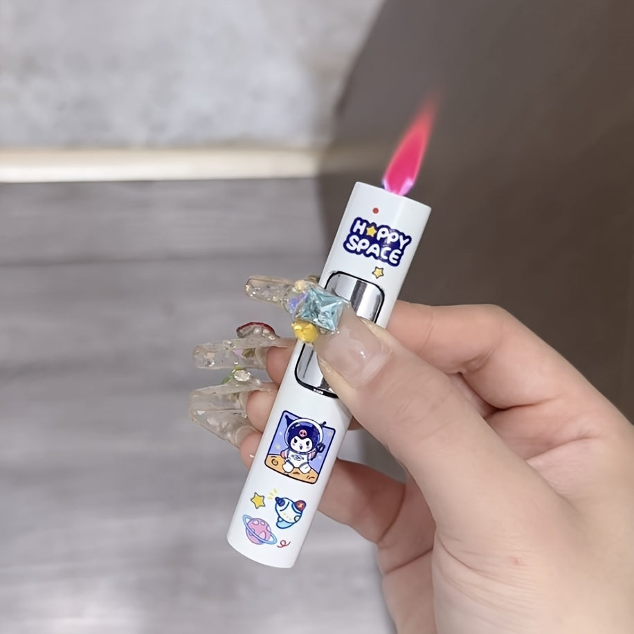 Kawaii Windproof Lighter Sanrio Kuromi Hello Kitty Pink Flame Cylindrical Lighter Luminous White Press Ignition Creative Gift Cute Cartoon