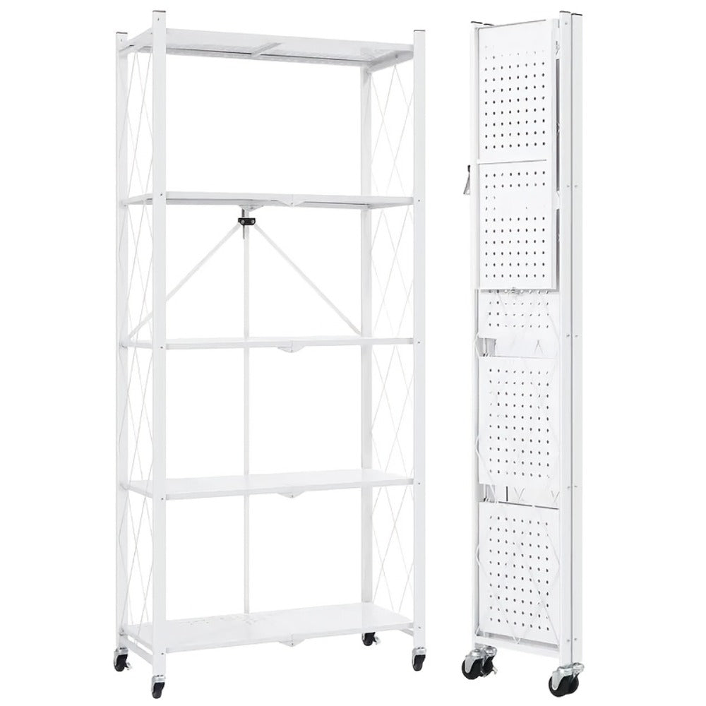 Storage Rack 3-5 Tier Foldable Shelving Unit with Wheels - Portable Multi-Layer Floor Standing Utility Shelf Organizer for Bedroom Closet Kitchen Office Black White