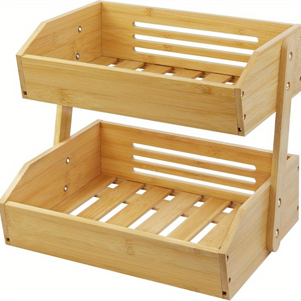 Bamboo Fruit Storage Rack 2-3 Tier with Hooks, Kitchen Counter Organizer for Fruits Vegetables Bread Spices, Freestanding Shelf Basket Display Stand