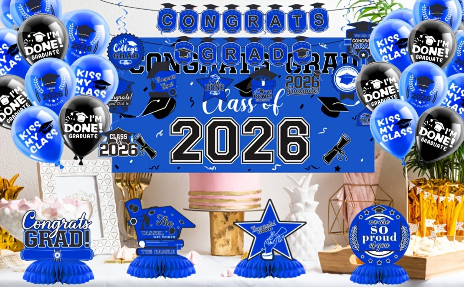 2026 Graduation Decorations Set ¨C Congrats Grad Banner, Backdrop, Hanging Swirls & Honeycomb Table Toppers, Class of 2026 Party Supplies Kit