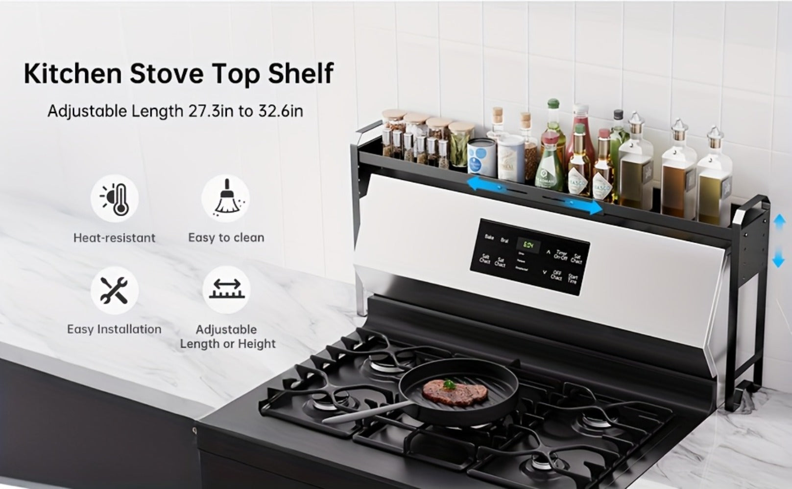 Stove Shelf Spice Rack Organizer ¨C Expandable Adjustable Height Kitchen Storage Rack for Back of Stove, Over Sink, Counter Top Organization