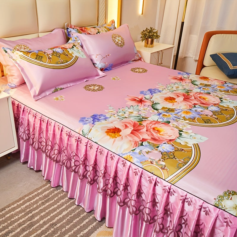 Floral Ruffle Bed Skirt Cool Mat 3 Piece Set with Pillowcase, Double Layer 360¡ã Full Wrap Washable Cooling Mattress Cover, Breathable Summer Bedding Set for Twin Full Queen King, Parisian Romantic Floral