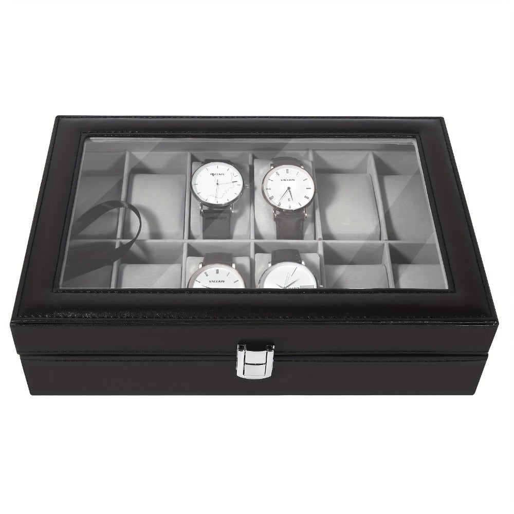 Watch Box Organizer 12 Slot PU Leather, Watch Display Case with Glass Lid Removable Pillow Metal Clasp, Jewelry Box Gift for Him Her Valentine's Day Birthday Christmas