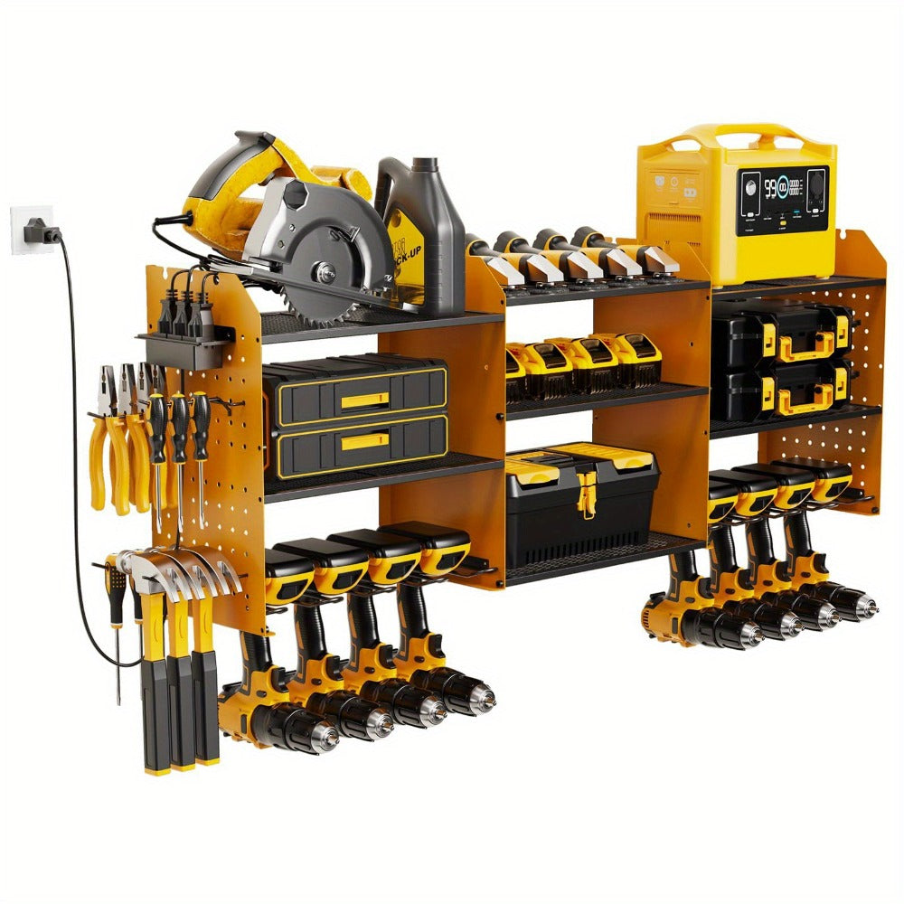 Power Tool Organizer Wall Mount with Charging Station | 3-Layer Cordless Drill Holder Storage Rack 45.5 Inch Heavy Duty ¨C Adjustable Garage Tool Shelf for Workshop & Tool Room