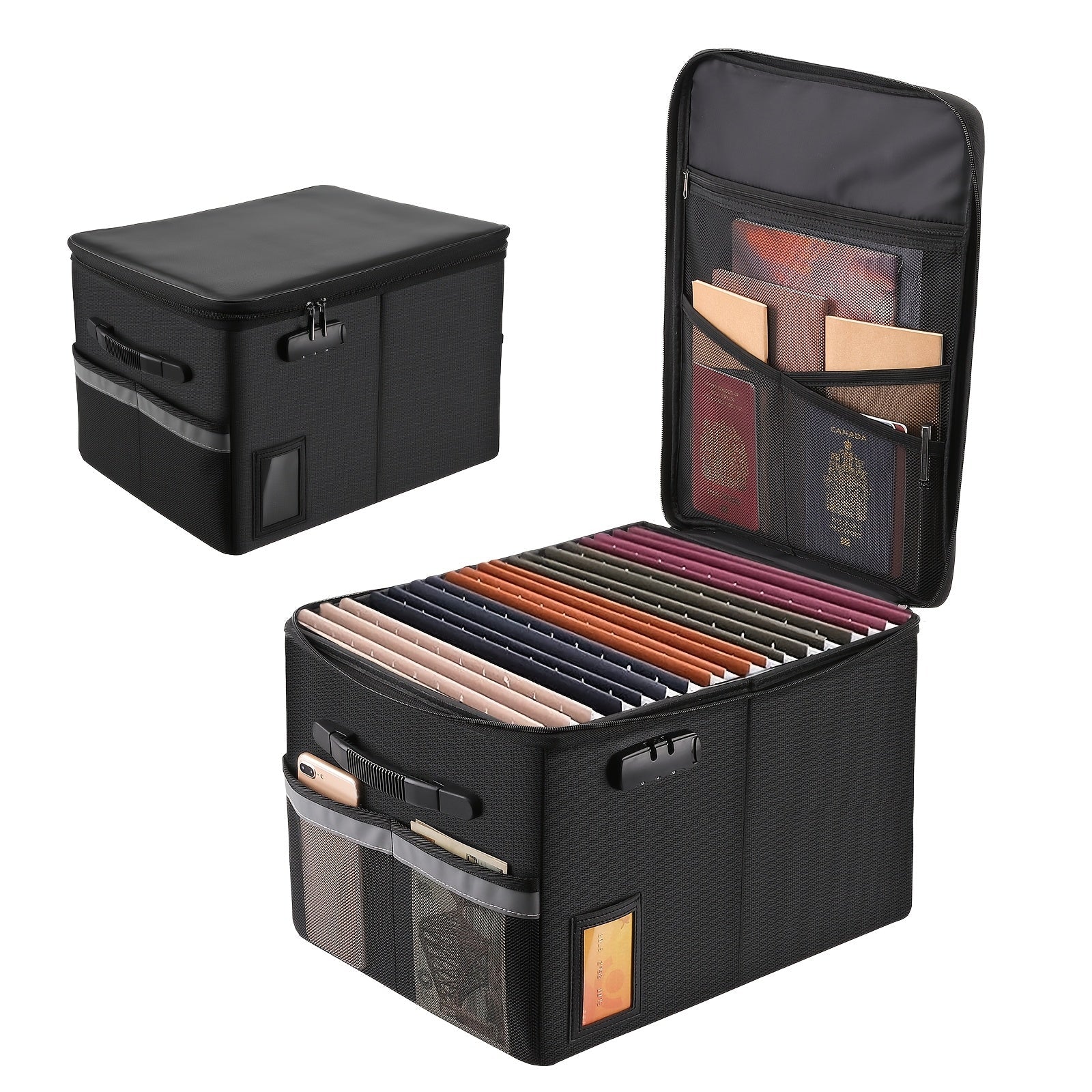Fireproof File Box with Combination Lock - Collapsible Fireproof Document Organizer Filing Cabinet with Handle for Letter Legal Size Folders Certificates Home Office
