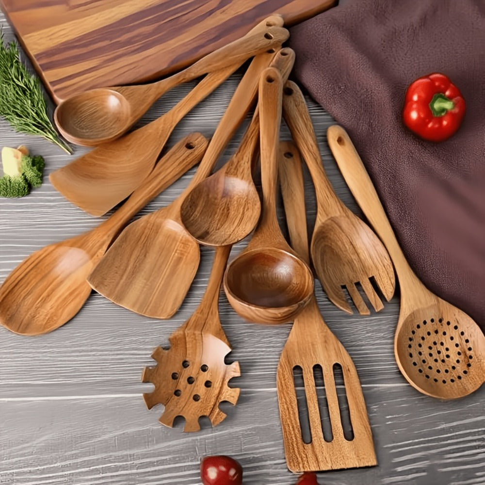 Wooden Kitchen Utensils Set ¨C Natural Wood Spoon Spatula & Wok Spatula with Ergonomic Handle, Heat-Resistant Non-Stick Safe Cooking Tools, Easy to Clean Durable Kitchen Essentials (5 / 6 / 10 Piece Sets)
