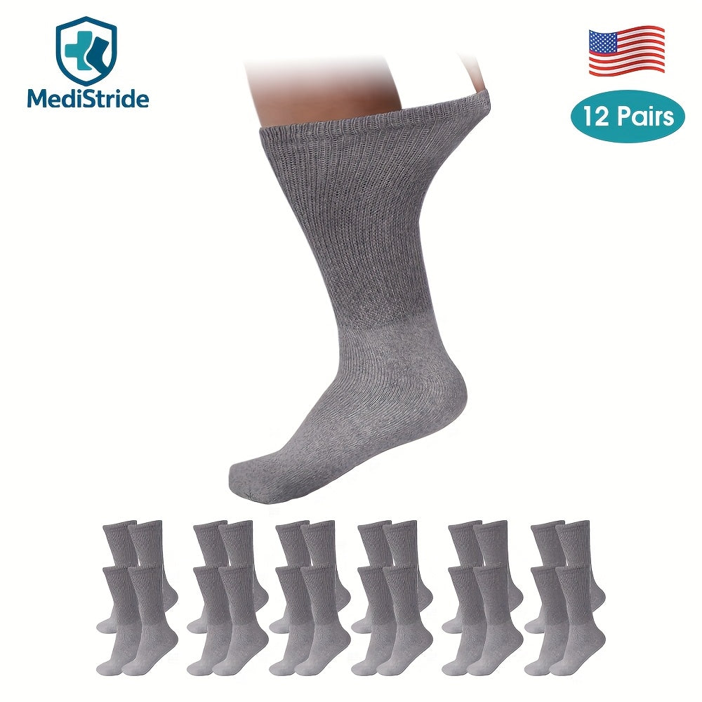 Cotton Diabetic Crew Socks 12 Pairs Non-Binding Neuropathy Loose Fit Seamless Cushioned Full Length for Men Women Edema Sensitive Feet White Black Brown Khaki Navy Grey