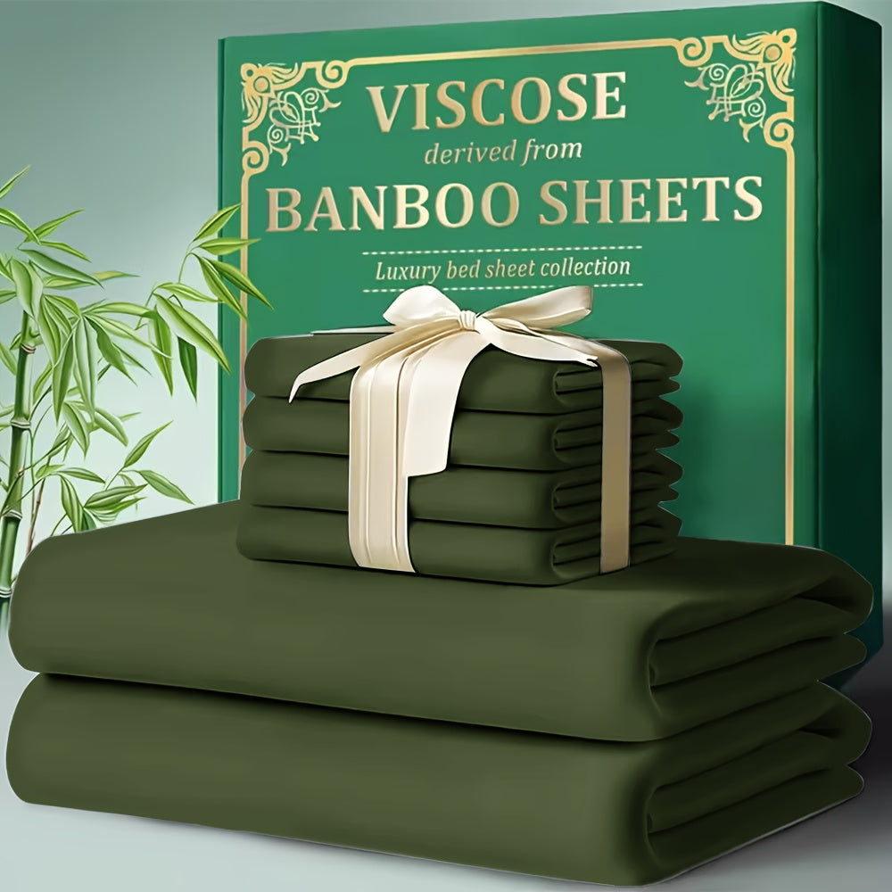 Bamboo Cooling Bed Sheet Set 4pcs - Ultra Soft Breathable Deep Pocket Fitted Sheets, 2200TC Cooling Fabric, Shrink & Wrinkle Resistant, All-Season Bedding