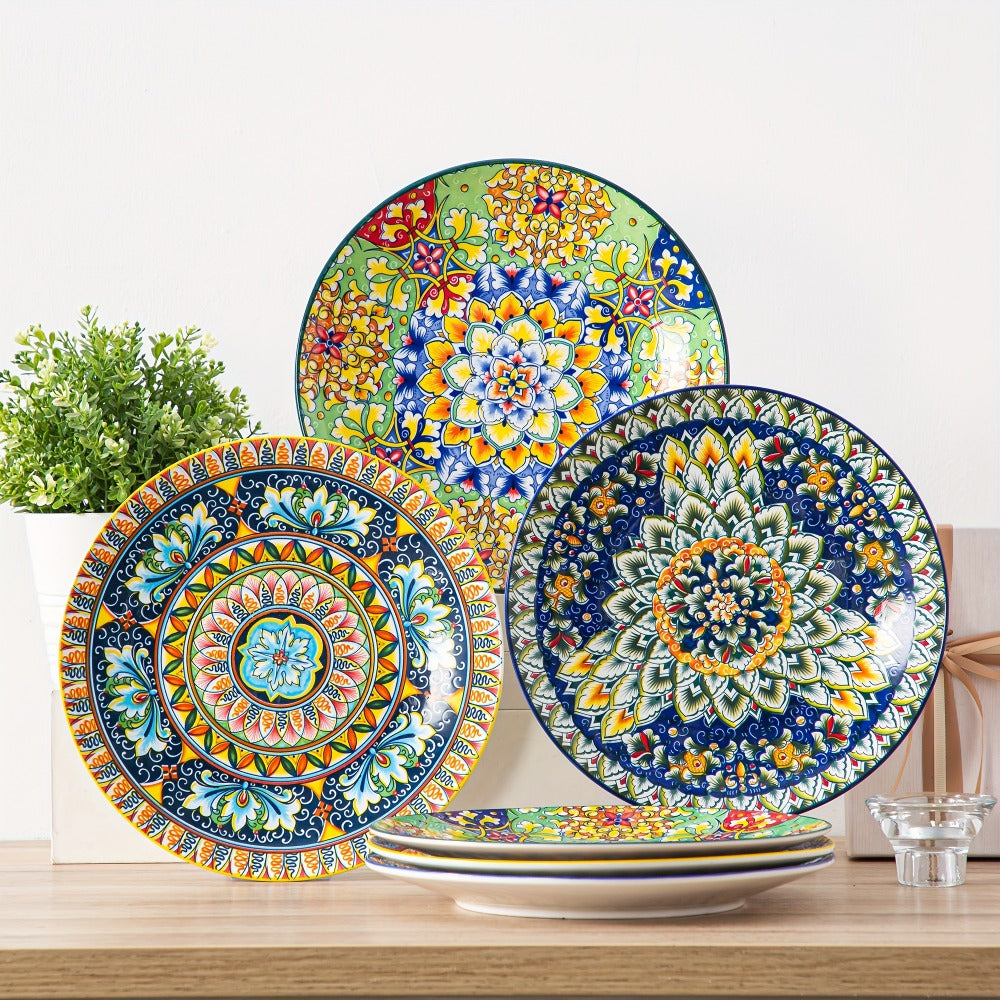 Bohemian Dinner Plates Set of 6 ¨C 10.5 Inch Colorful Stoneware Plate Set Microwave Dishwasher Safe Scratch Resistant Porcelain Dinnerware for Home Restaurant Cafe Boho Kitchen Decor Gift