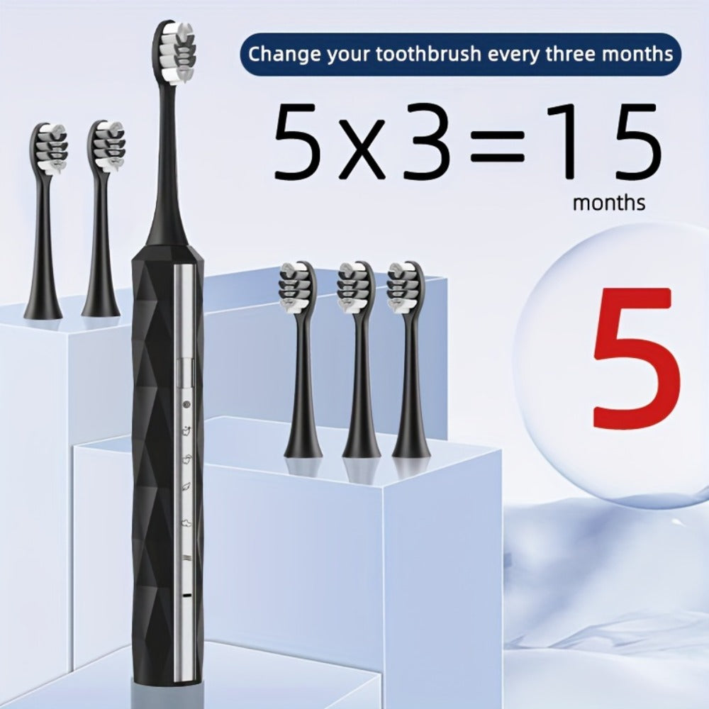 Sonic Electric Toothbrush IPX8 Waterproof ¨C USB Rechargeable, Smart Timer, Metal Handle, 5 Replacement Brush Heads, Soft Bristles for Adults Men & Women ¨C Black & Blue