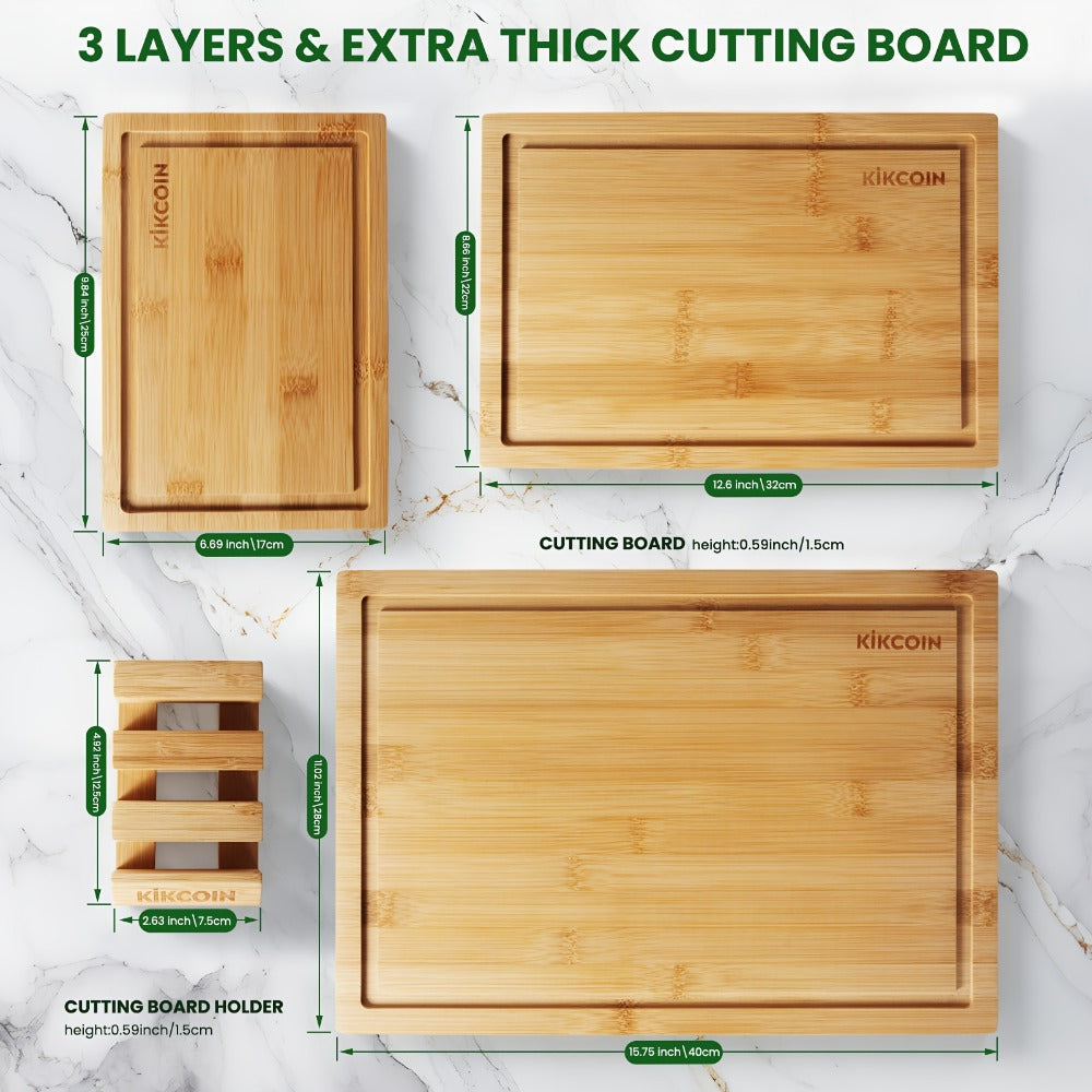 Bamboo Cutting Board Set 4pcs with Rack Juice Groove Knife Friendly Oversized Kitchen Chopping Boards for Meat Vegetables Fruit Multifunctional Gift for Family