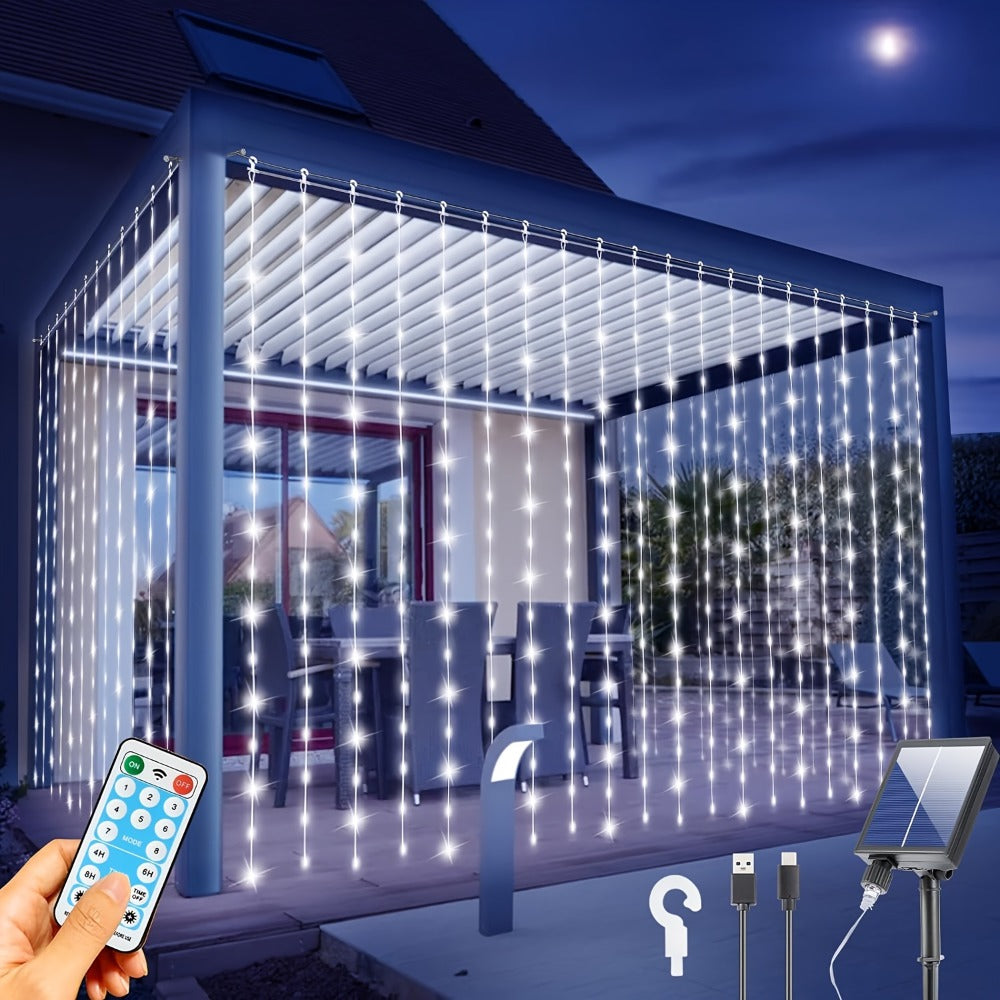 Solar Curtain Lights Outdoor 300 LED Waterfall Fairy String Lights with 8 Modes Remote Control USB Rechargeable Dimmable Timer for Christmas Gazebo Party Wedding Window Decor