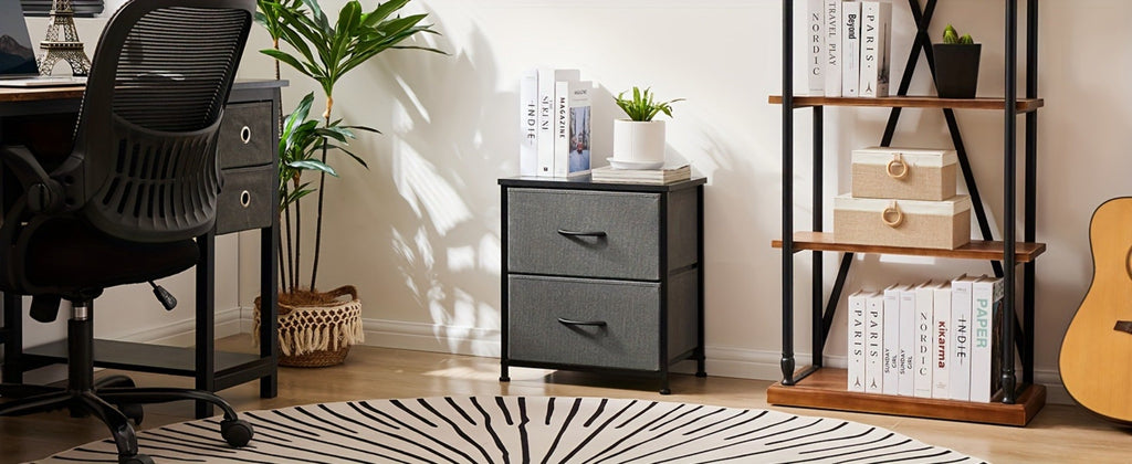Nightstand with 2 Storage Drawers, 20¡± Bedside Table with Wooden Top & Fabric Cabinet, Steel Frame Mini Dresser for Bedroom, Dorm, Living Room ¨C 1pc or Set of 2pcs, Black White Grey Rustic Brown